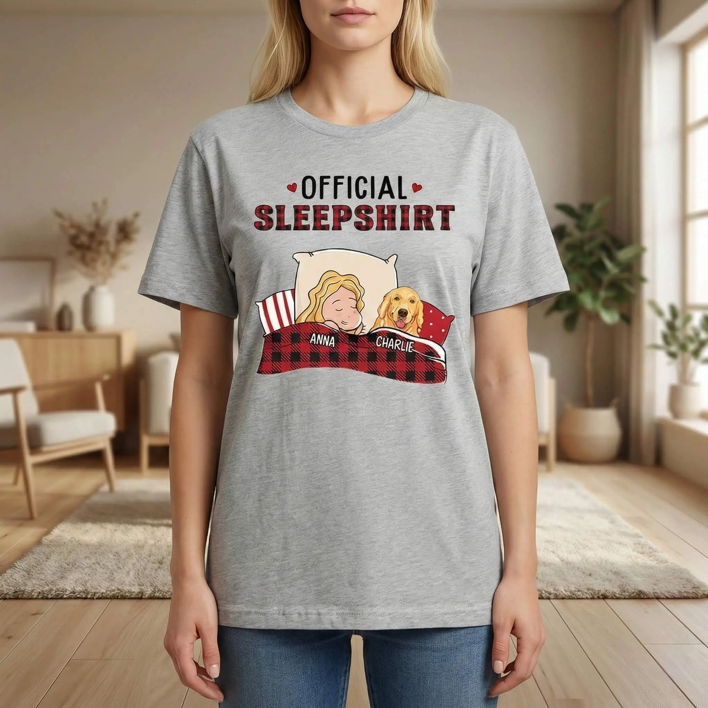 Woman wearing a grey personalized dog shirts and official sleep tee shirt.
