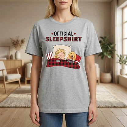 Woman wearing a grey personalized dog shirts and official sleep tee shirt.