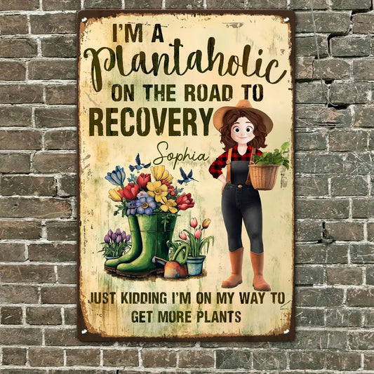 Personalized Garden Metal Sign - "Plantaholic on Recovery" Customized Gift for Plant Moms