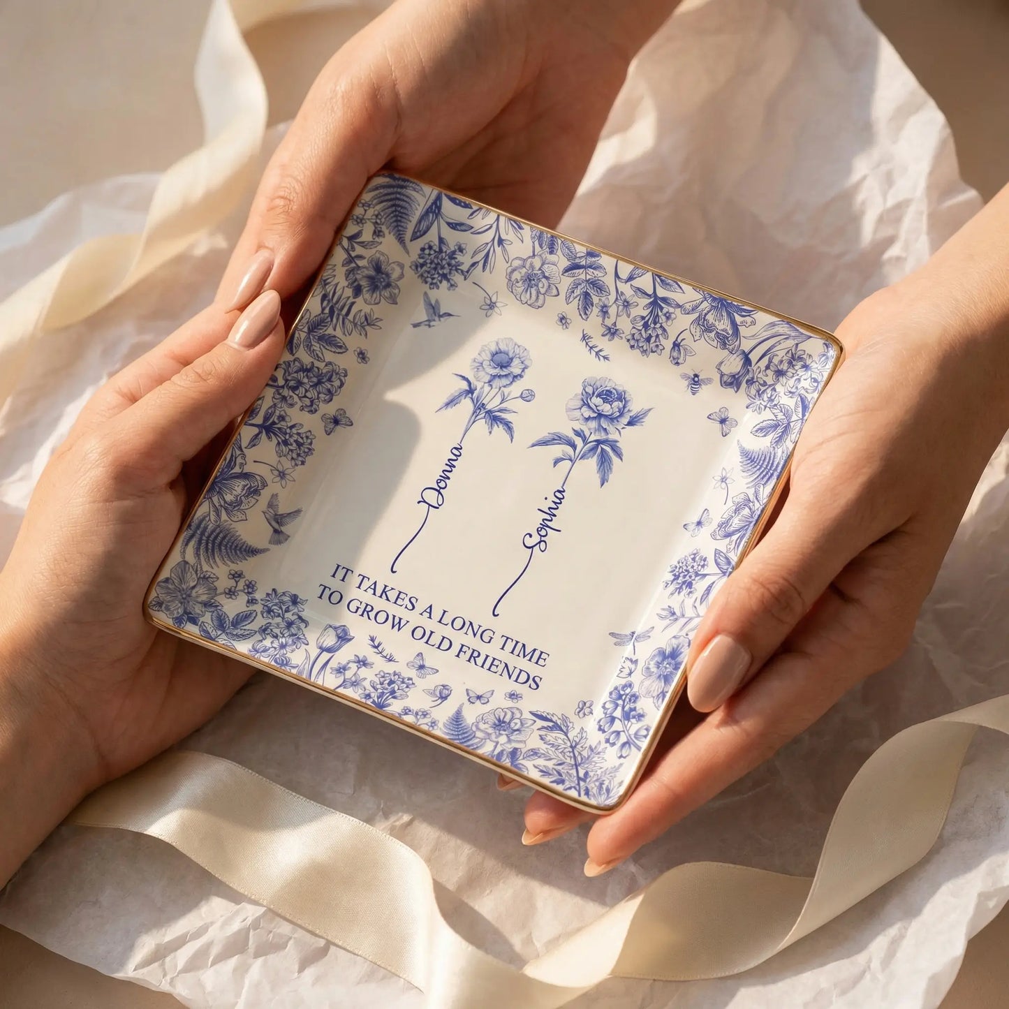Personalized Jewelry Dish, Toile De Jouy Design, Gift For Friends, Sisters, Besties