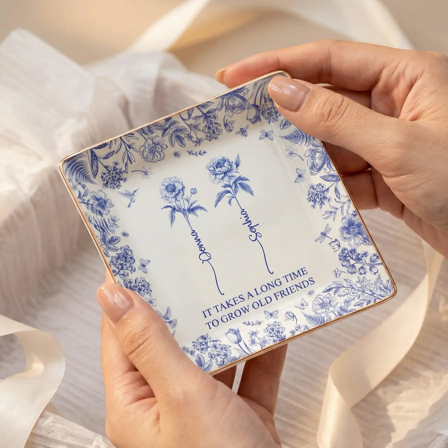 Personalized Jewelry Dish, Toile De Jouy Design, Gift For Friends, Sisters, Besties