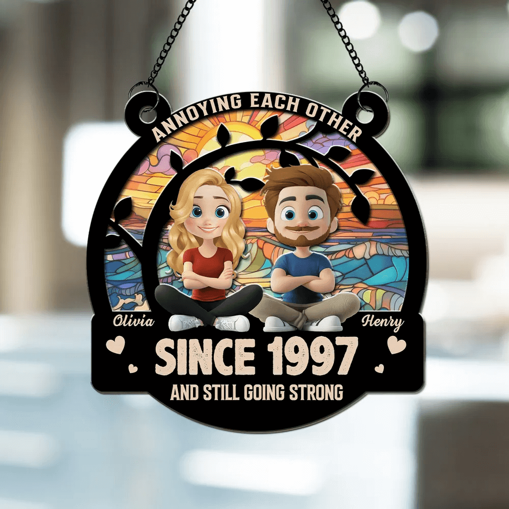 Personalized couple sun catcher with name year and cliparts