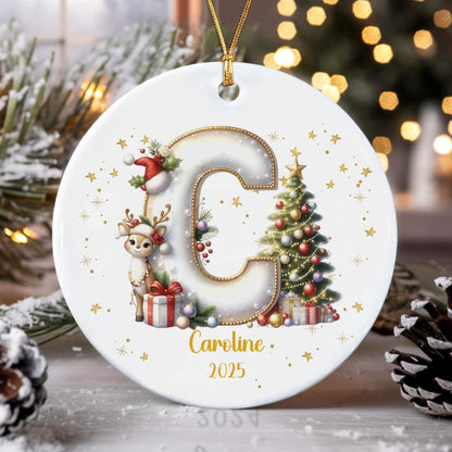 Customized Ceramic Christmas ornament for Family with Reindeer Christmas Tree Initial, Name and Year
