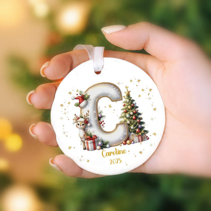 Customized Ceramic Christmas ornament for Family with Reindeer Christmas Tree Initial, Name and Year
