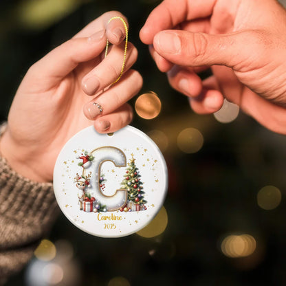 Customized Ceramic Christmas ornament for Family with Reindeer Christmas Tree Initial, Name and Year