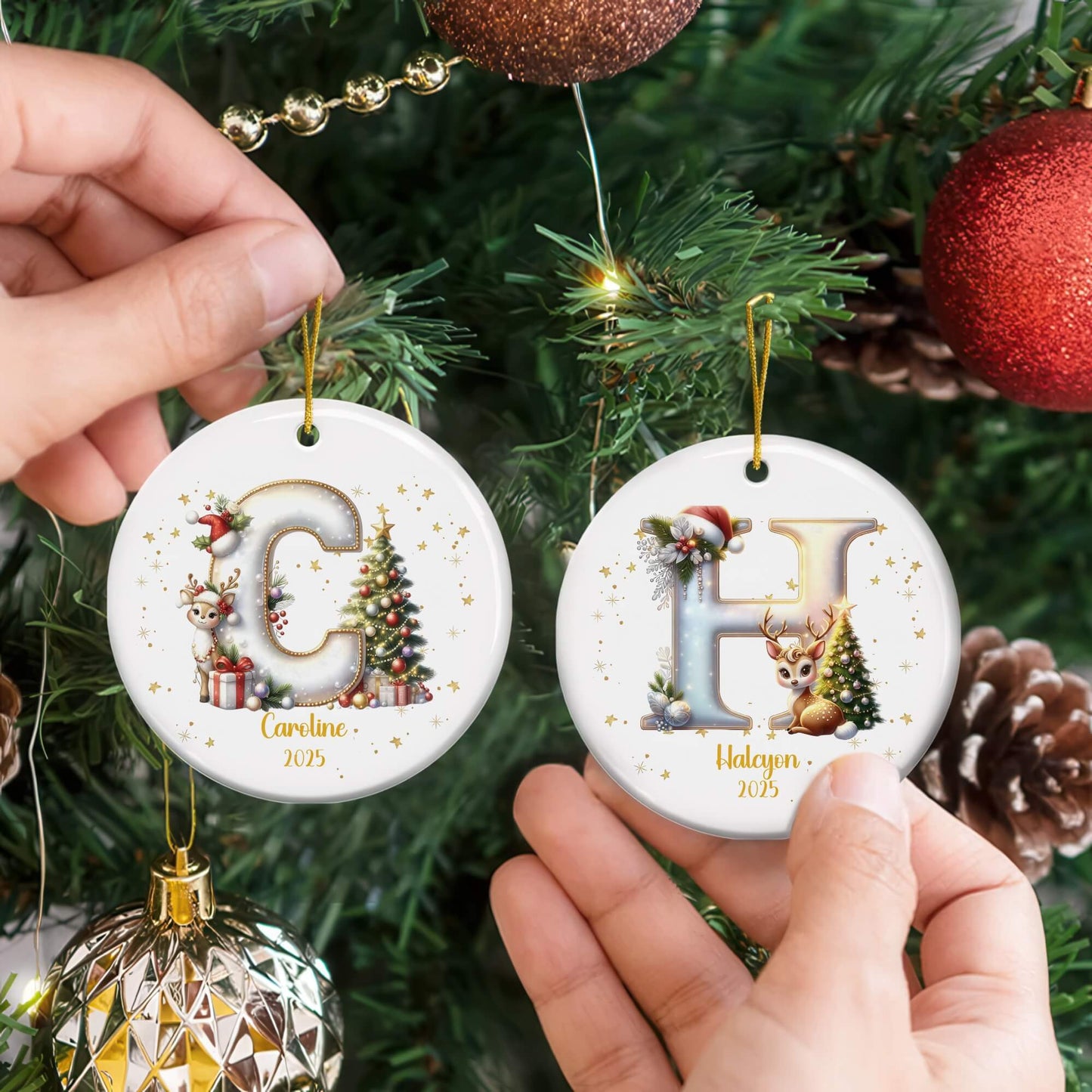 Customized Ceramic Christmas ornament for Family with Reindeer Christmas Tree Initial, Name and Year