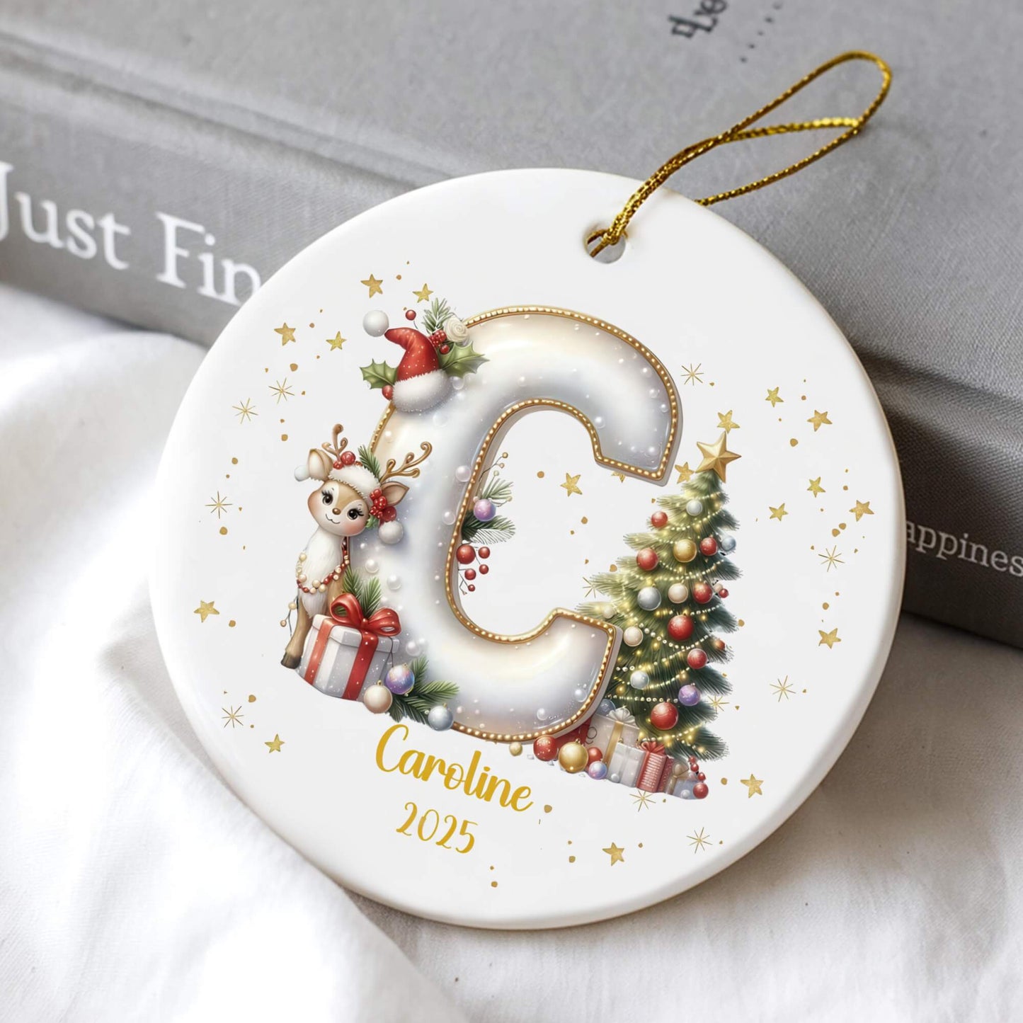 Customized Ceramic Christmas ornament for Family with Reindeer Christmas Tree Initial, Name and Year