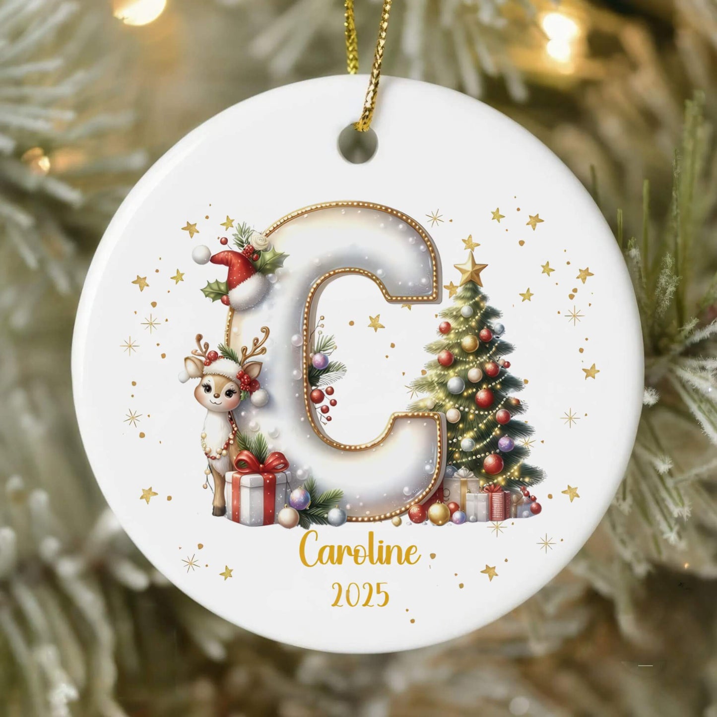 Customized Ceramic Christmas ornament for Family with Reindeer Christmas Tree Initial, Name and Year