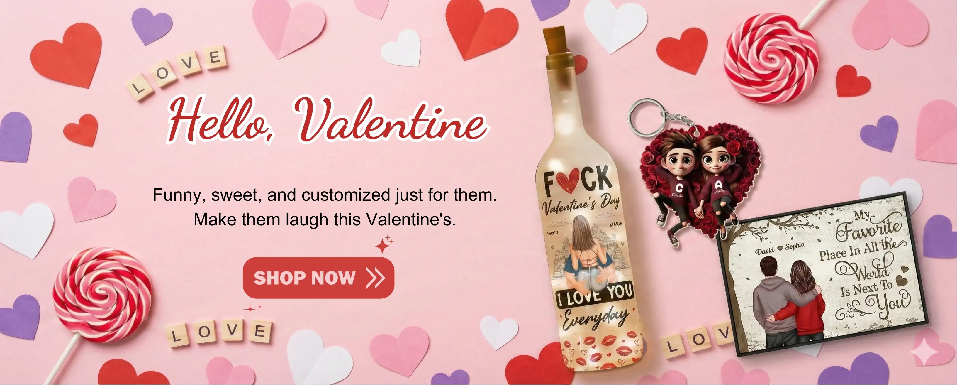 Tailsprouts personalized Valentine's Day gifts, custom bottle lamp, custom acrylic keychain, and Personalized Poster