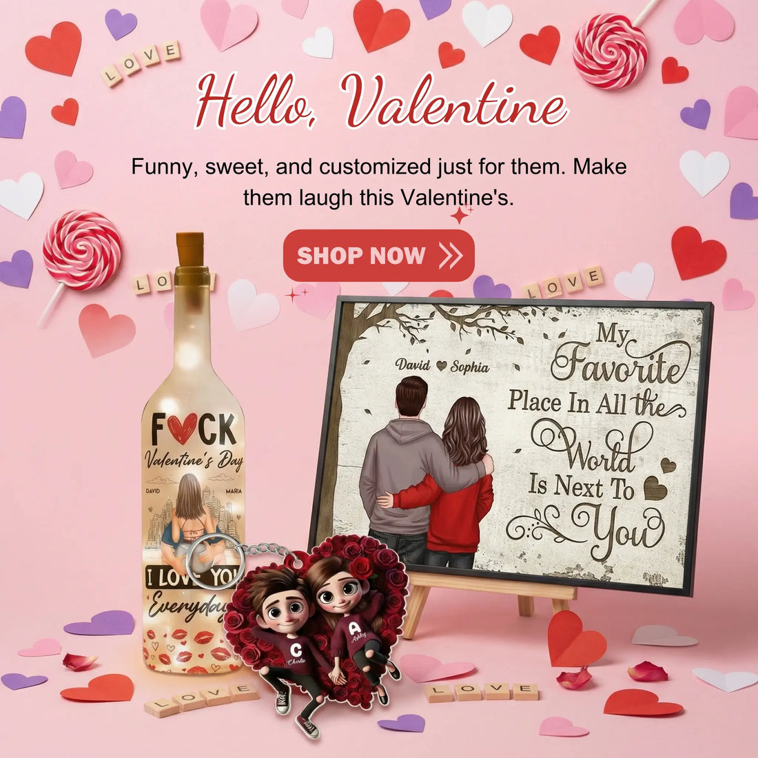 Tailsprouts personalized Valentine's Day gifts, custom bottle lamp, custom acrylic keychain, and Personalized Poster