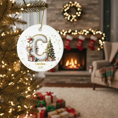Customized Ceramic Christmas ornament for Family with Reindeer Christmas Tree Initial, Name and Year