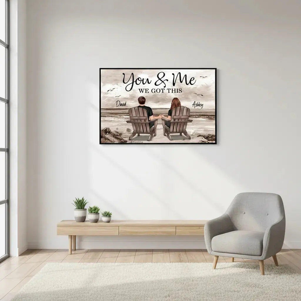 personalized couple wall art with 'You & Me We Got This' text in a modern living room.