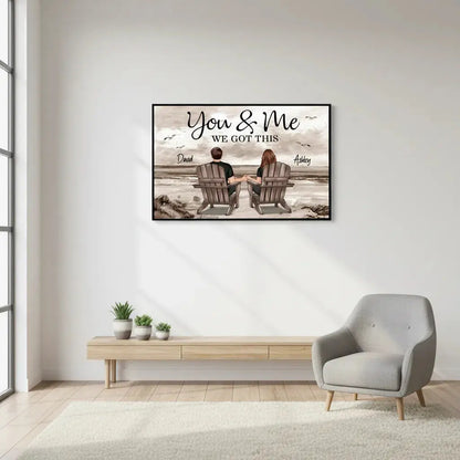 personalized couple wall art with 'You & Me We Got This' text in a modern living room.