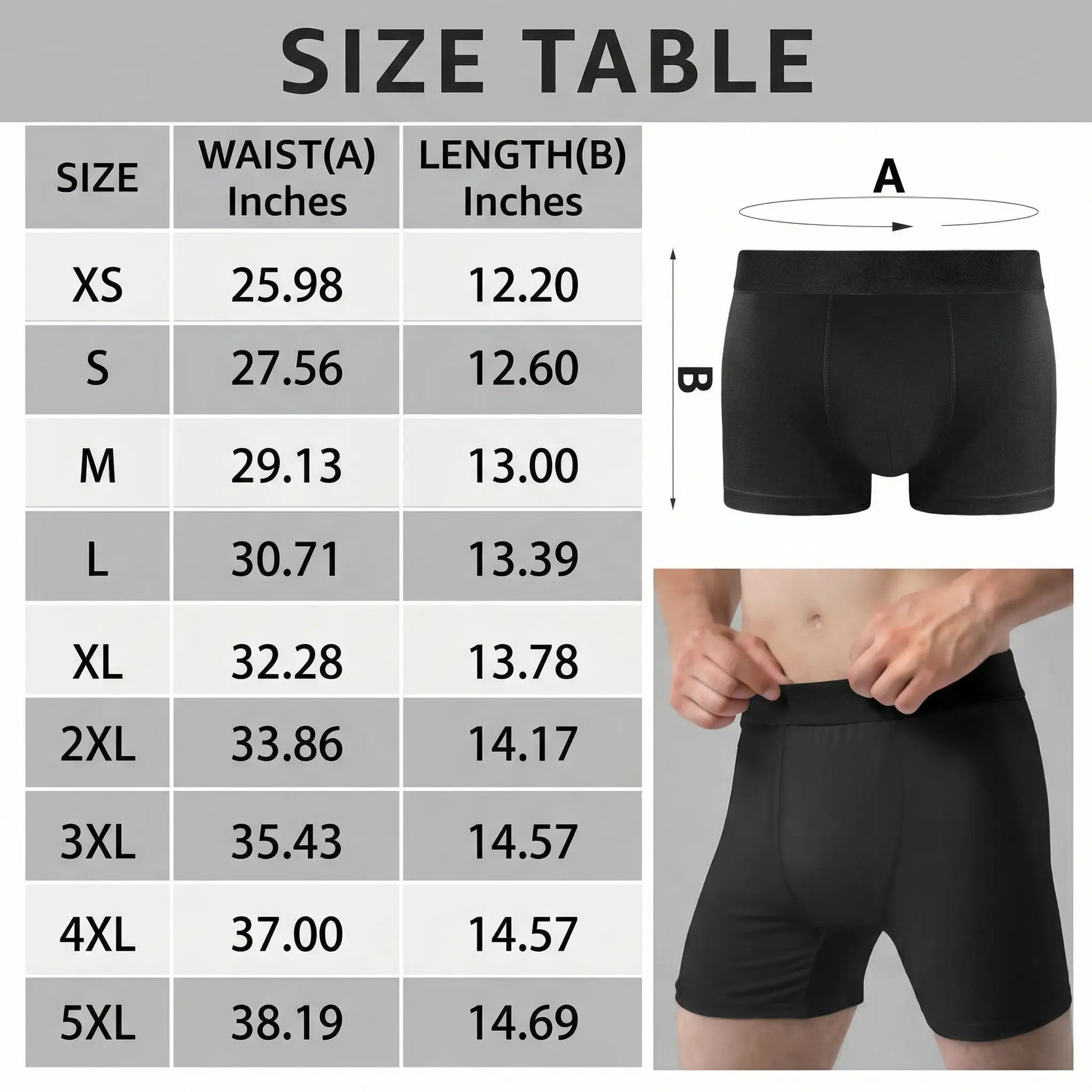 Size chart for custom boxer briefs with waist and length measurements.