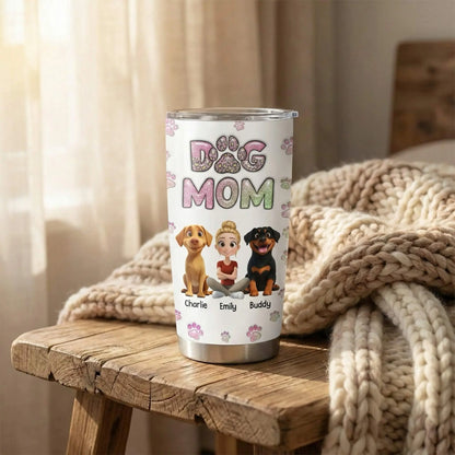 Stainless steel custom tumbler with cute pet names on a table