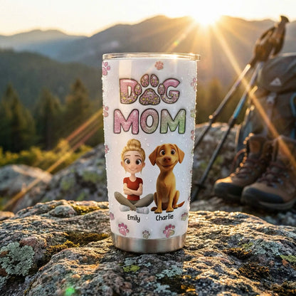 Close up of custom tumbler showing personalized dog mom avatar.