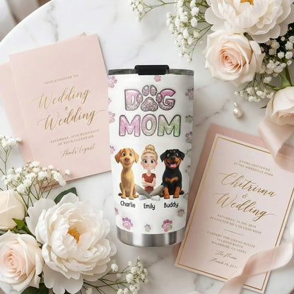 Close up of custom tumbler showing personalized dog mom avatar.