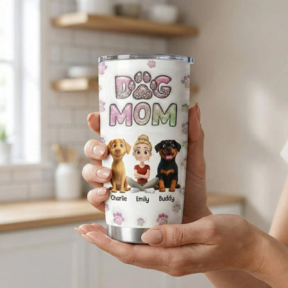 Woman holding a custom tumbler with 3D puffy dog art.