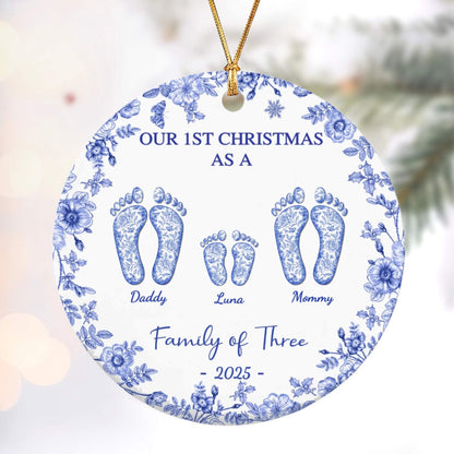 Custom ceramic ornament with blue floral border, footprints for Daddy, Luna, Mommy, and Family of Three 2025.