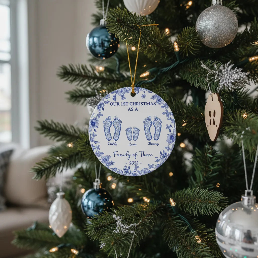 Custom round ceramic ornament with blue floral border and footprints for a family of three, 2025, on a Christmas tree.