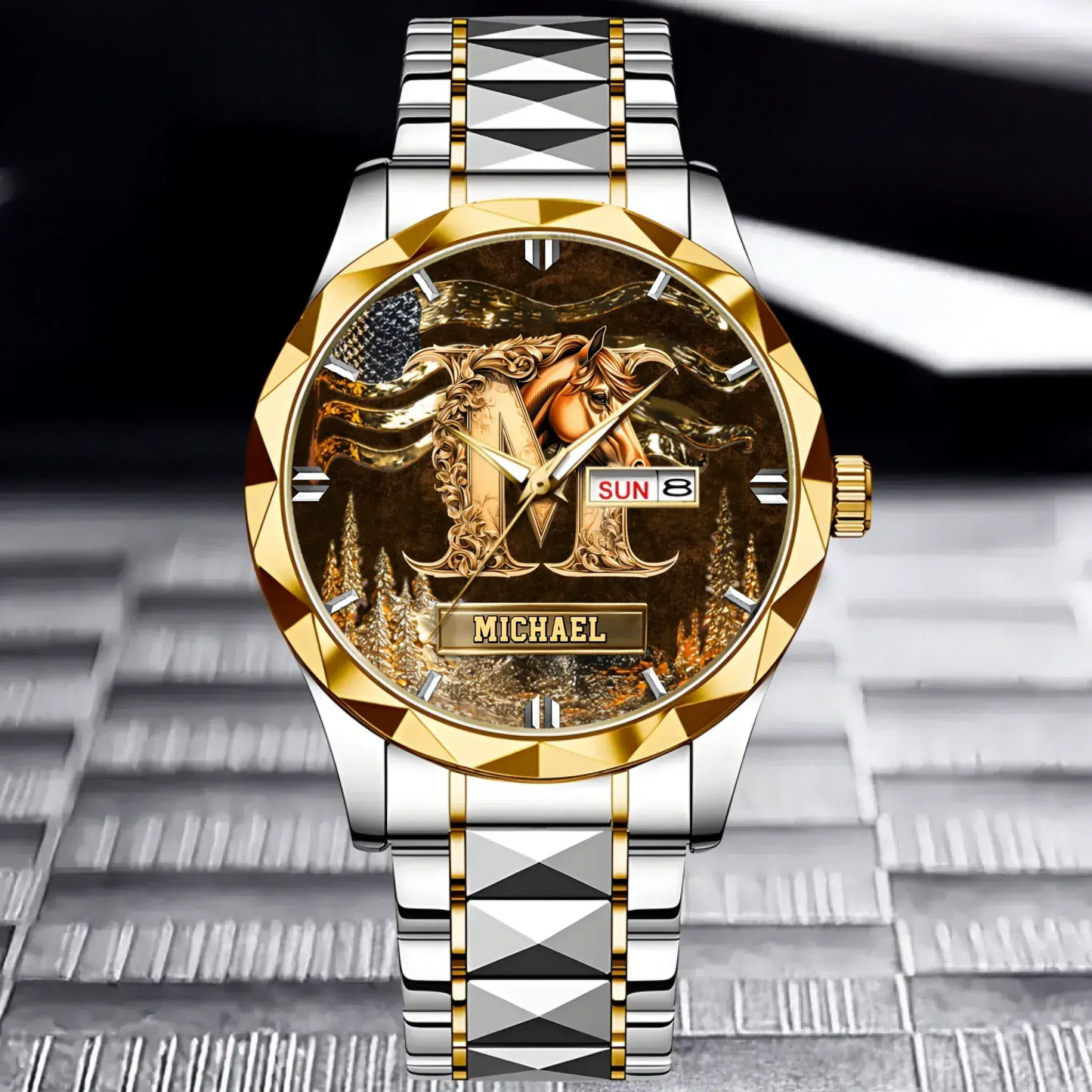Personalized Initial Horse Watch - His or Her Elegant Equestrian Identity for Horse Love - close-up detail view