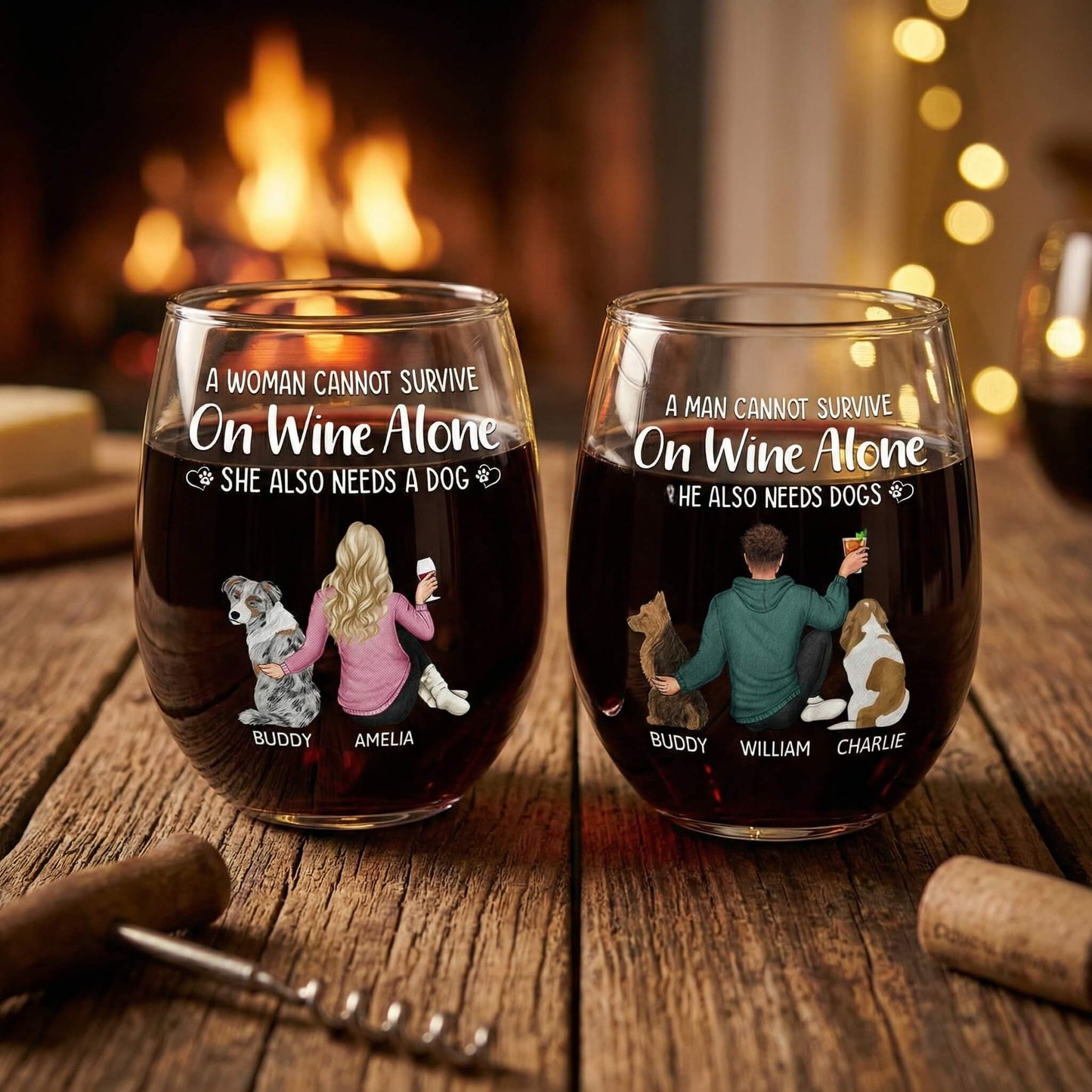 Two Personalized wine glasses with humorous text and dog illustrations on a wooden table