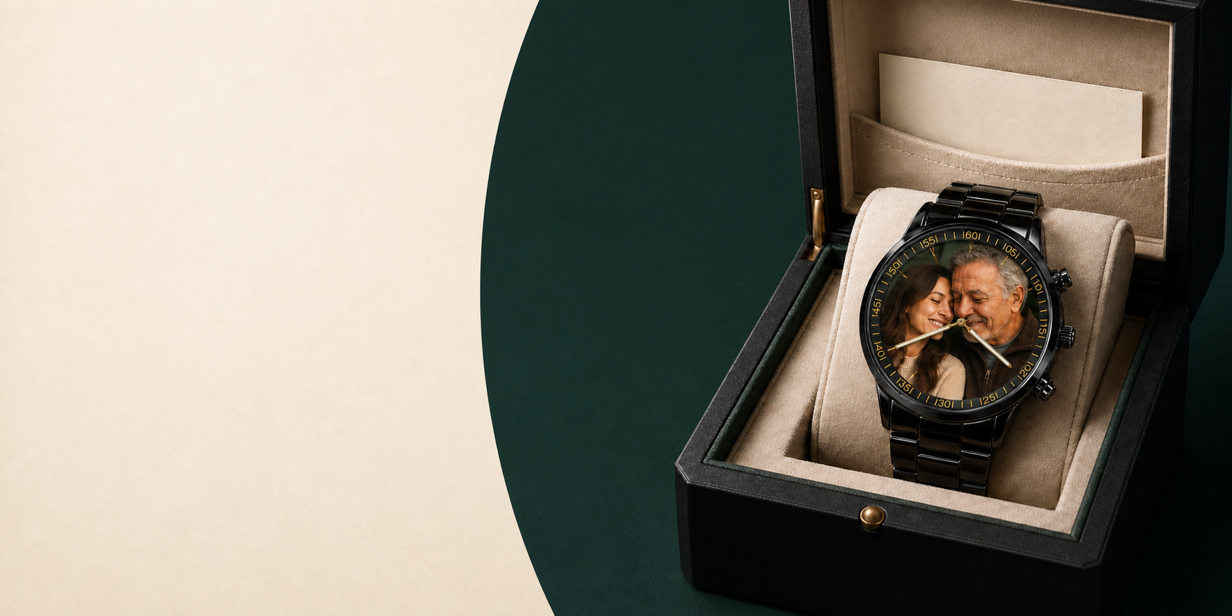 Personalized black photo watch displayed in an open premium presentation box