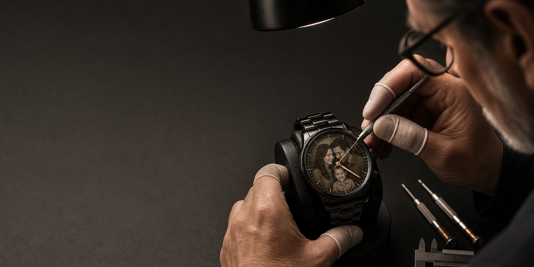 Artisan precisely calibrating a personalized photo watch at a premium watchmaking bench